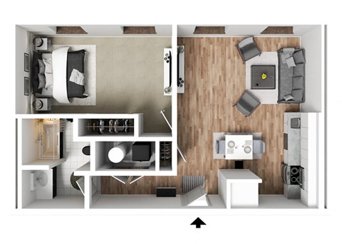 Floor plan for 1 bed, 1 bath, 638 sqft